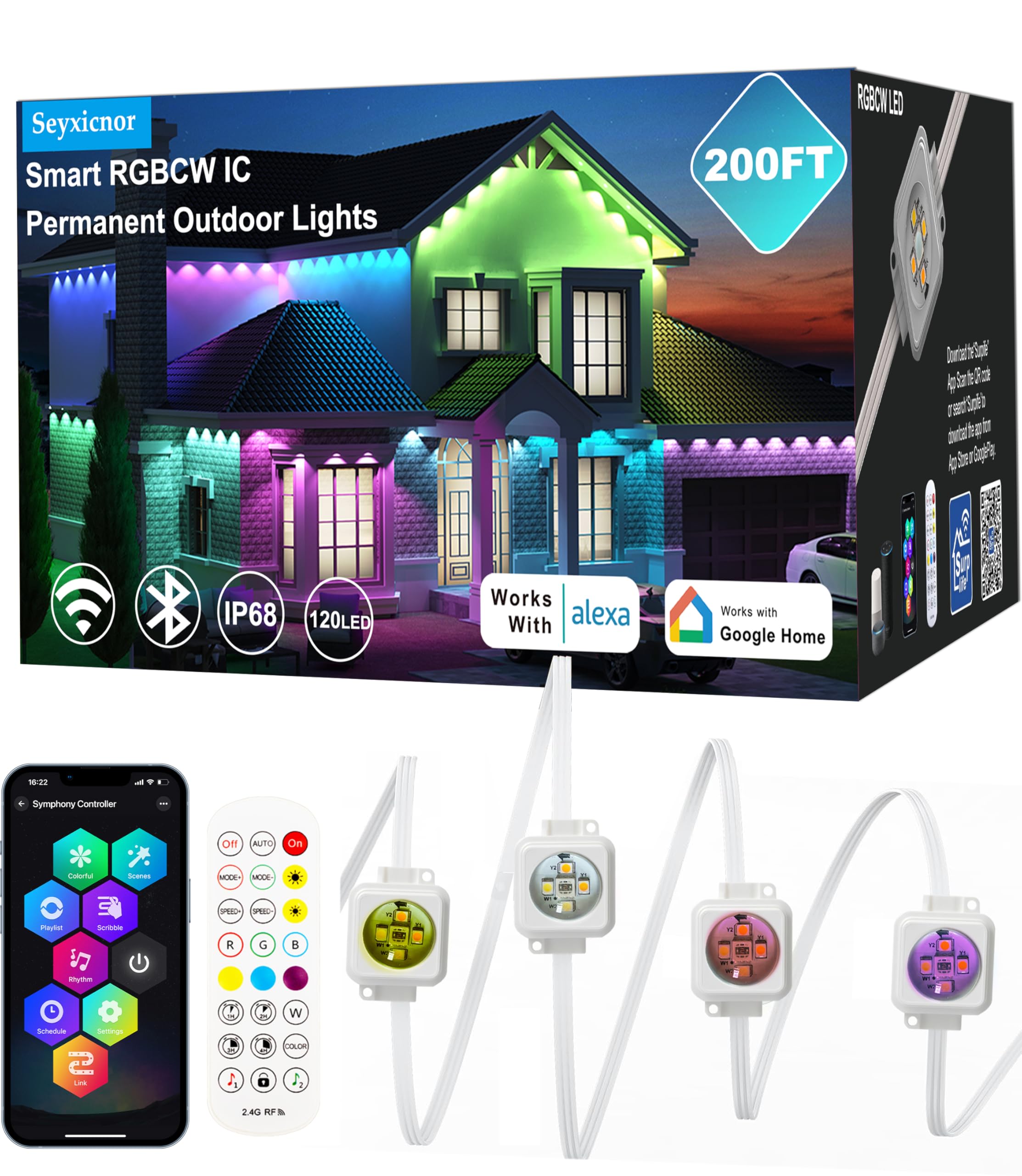 Photo 1 of Seyxicnor RGBCW Permanent Outdoor Lights,108 Scene Modes Smart Outdoor Christmas Lights with Voice Remote APP Control, IP68 LED Eaves Lighting for Halloween Party, Daily Garden Decor (120LED 200FT)