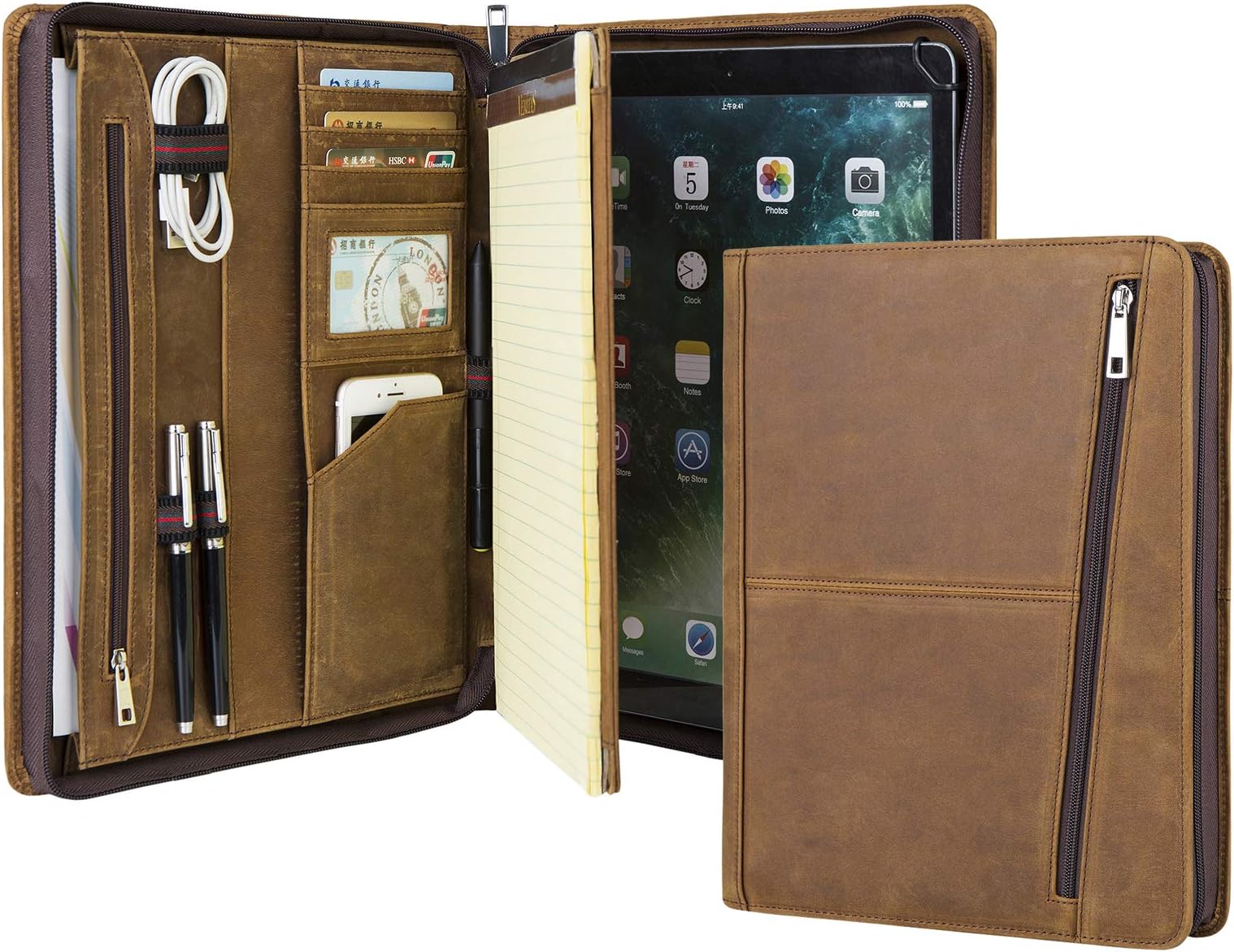 Professional Slim Padfolio Organizer Genuine Leather Compact Portfolio Case with Letter Size (A4) Paper Notepad, Business Carrying Case (Surface Pro 3/4/5/6, Vintage)