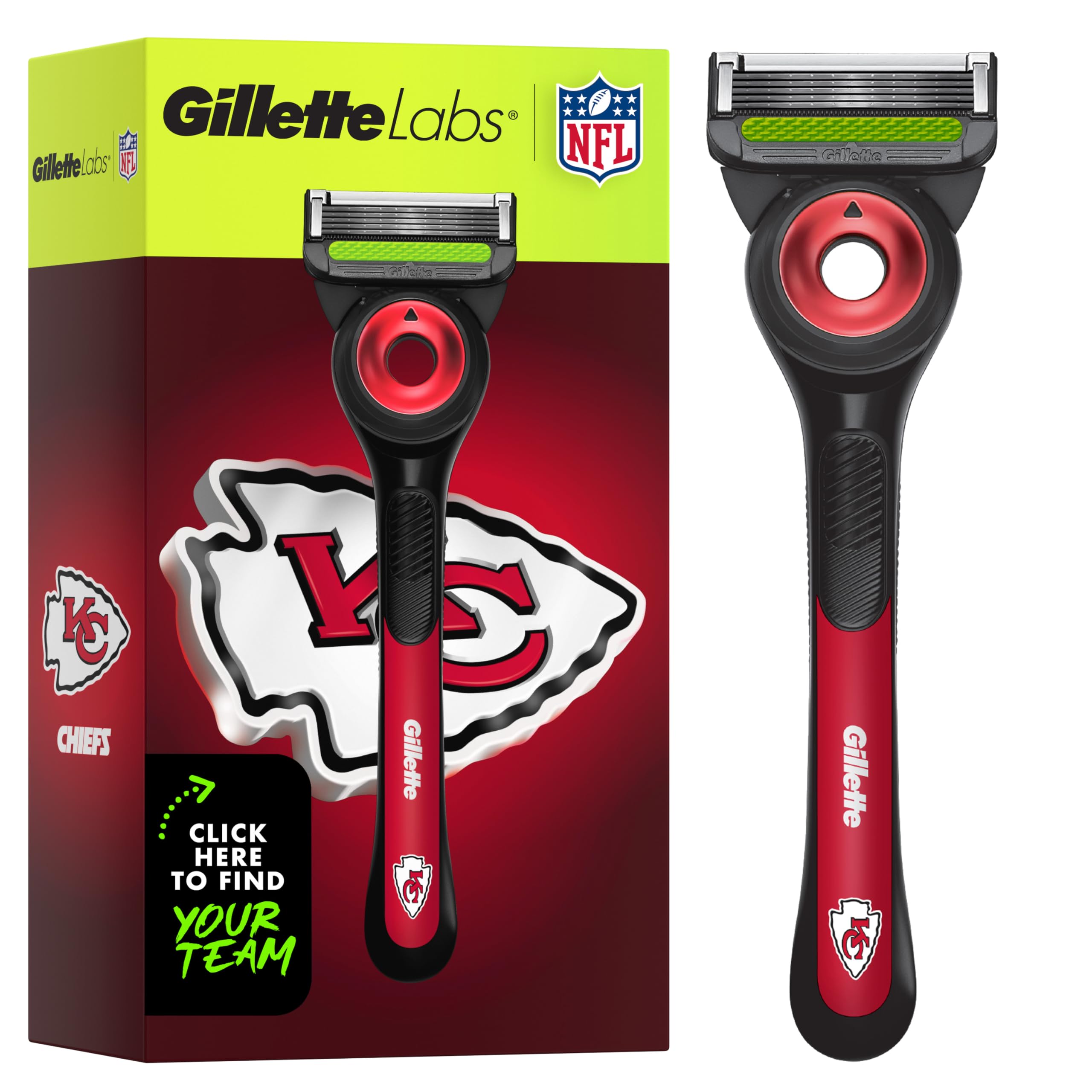 Gillette Labs Special NFL Chiefs Edition Shaving Razor for Men - 1 Handle, 4 Razor Blade Refills & Magnetic Stand, GilletteLabs with Exfoliating Bar Image