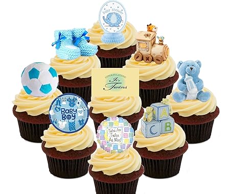 Baby Shower Twins Boys Blue Edible Cupcake Toppers Stand Up