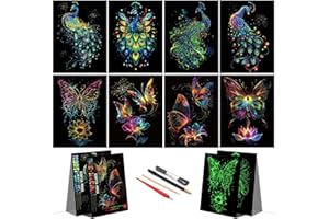 DESINIK Rainbow Scratch Painting Art for Adults & Teens –Glow in The Dark Scratch Rainbow Art Paper, Creative Scratch Painting Kit, Stress Relief for Scratch Art Home/Office Décor (Butterfly&Peacock)