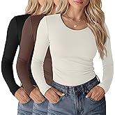 Riyiper 3 Pack Women's Long Sleeve Reversible Shirts Scoop Neck Deep V Neck Tops Slim Fit Undershirts Fall Stretchy Layer Tee