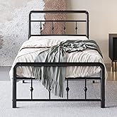 Lutown-Teen 12 Inch Twin Bed Frames with Victorian Vintage Headboard and Footboard, No Box Spring Needed, Heavy Duty Metal Mattress Foundation, Noise Free, Easy Assembly, Black