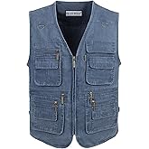 OU YA WOLF Men's Fishing Vest Stone Washed Denim Multi Pockets Outdoor Casual Work Utility Travel Photo Hunting Cargo Vests
