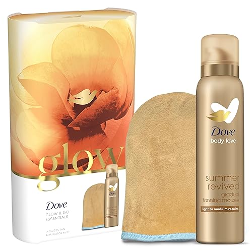 Dove Glow & Go Essentials Tanning Moisturiser Gift Set for Her with a tan applicator mitt 1 piece
