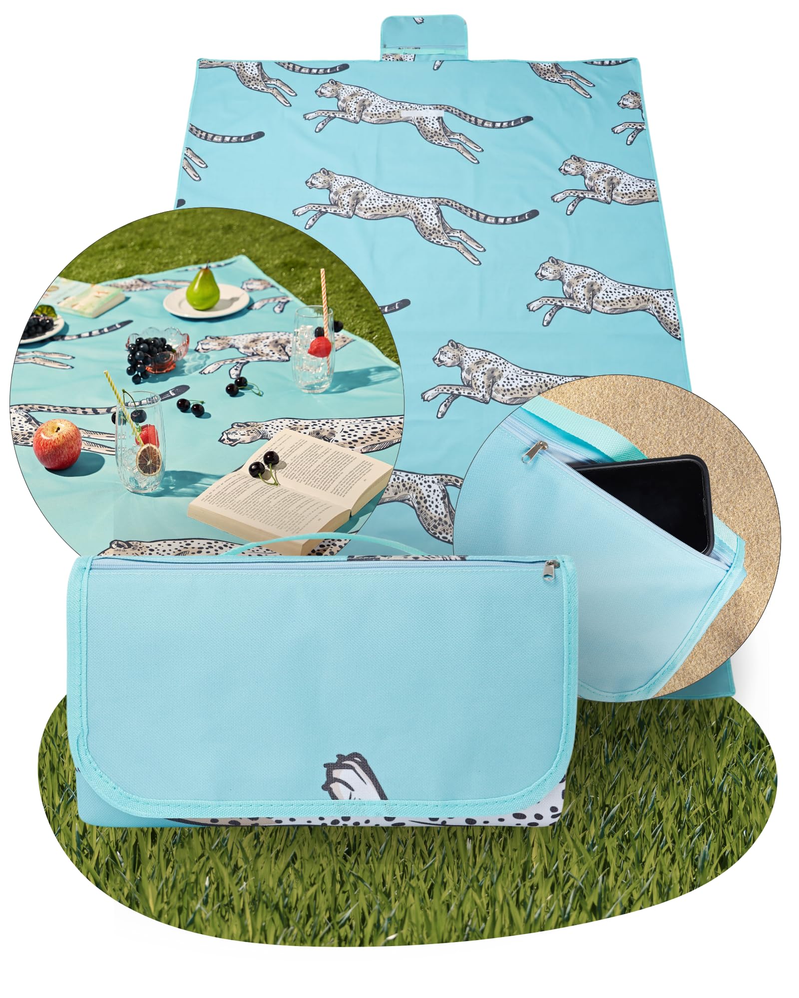 Haus Projekt Cheetah Picnic Blanket Waterproof, 200x150cm Foldable Picnic Mat, Sandproof Beach Blanket with Carry Handle and Hidden Zip Pocket, Festival Camping Essentials, Hiking Accessories