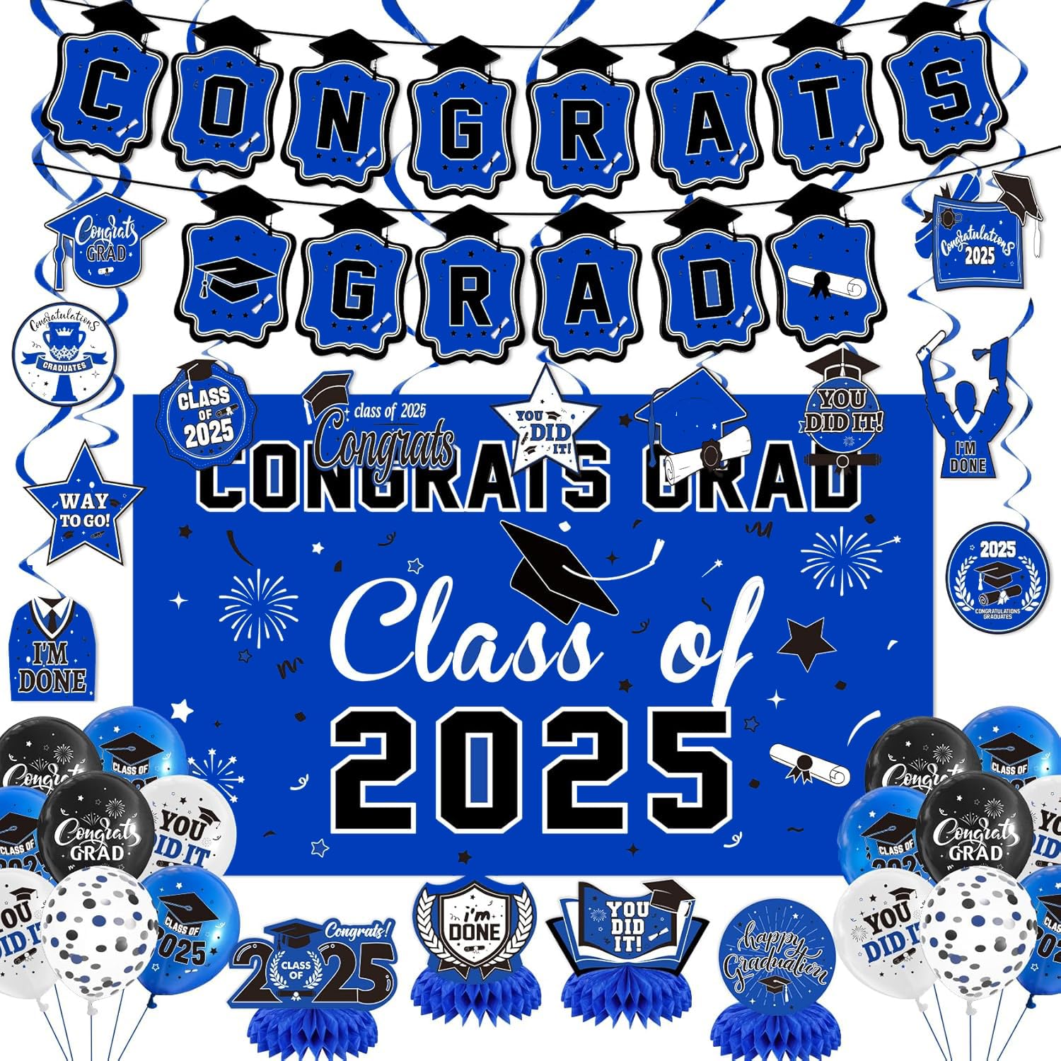Photo 1 of 48 Pcs College Graduation Decorations 2025, Blue Themed Graduation Party Decorations Congrats Grad Banner, Balloons Honeycomb Centerpieces and Hanging Swirl for College Celebrations