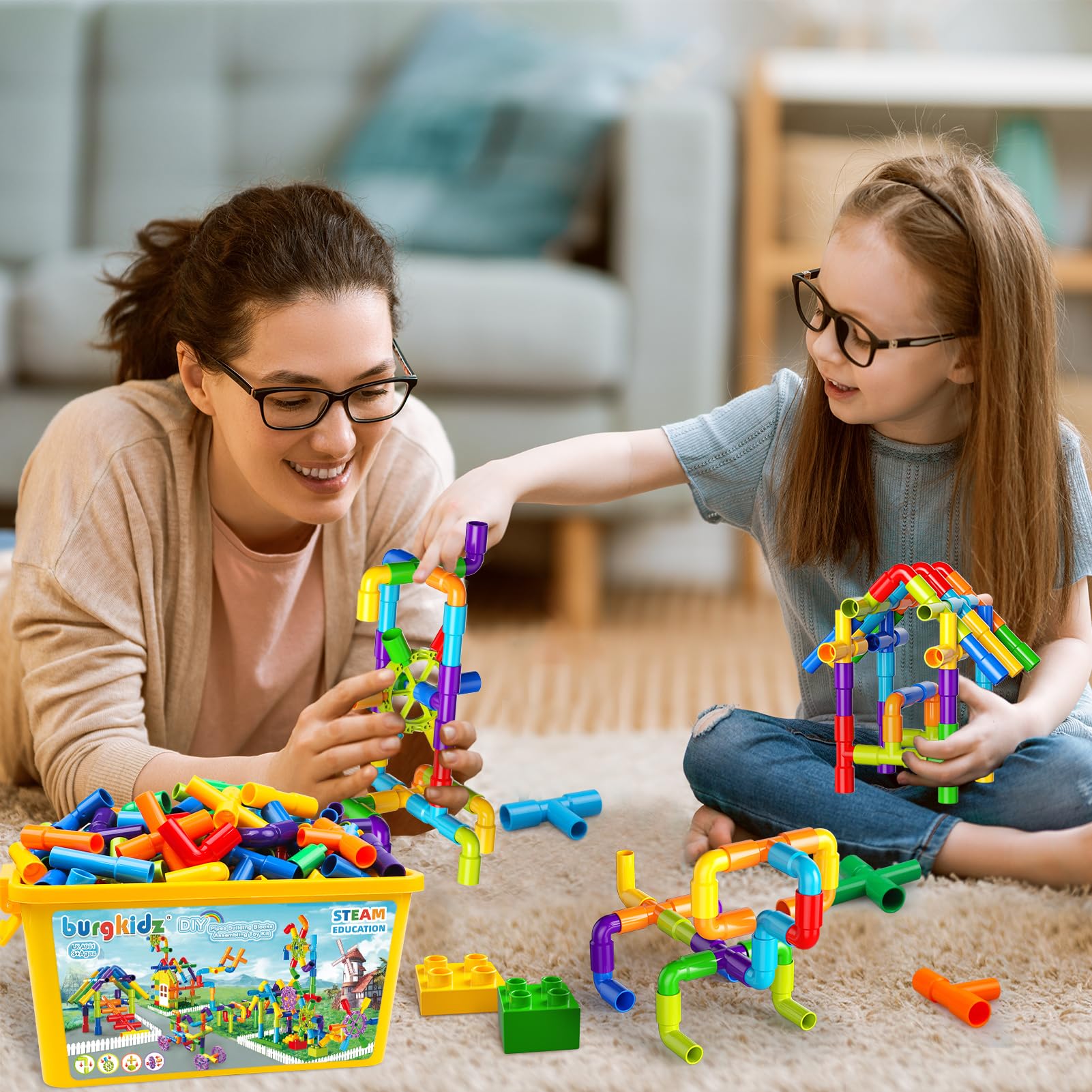 burgkidz Building Blocks STEM Pipe Tube Learning Toys Birthday Gifts, Educational Autistic Toy Compatible Building Pipeworks Constructions for Kids Boys Girls Ages 3 4 5 6 7 8+
