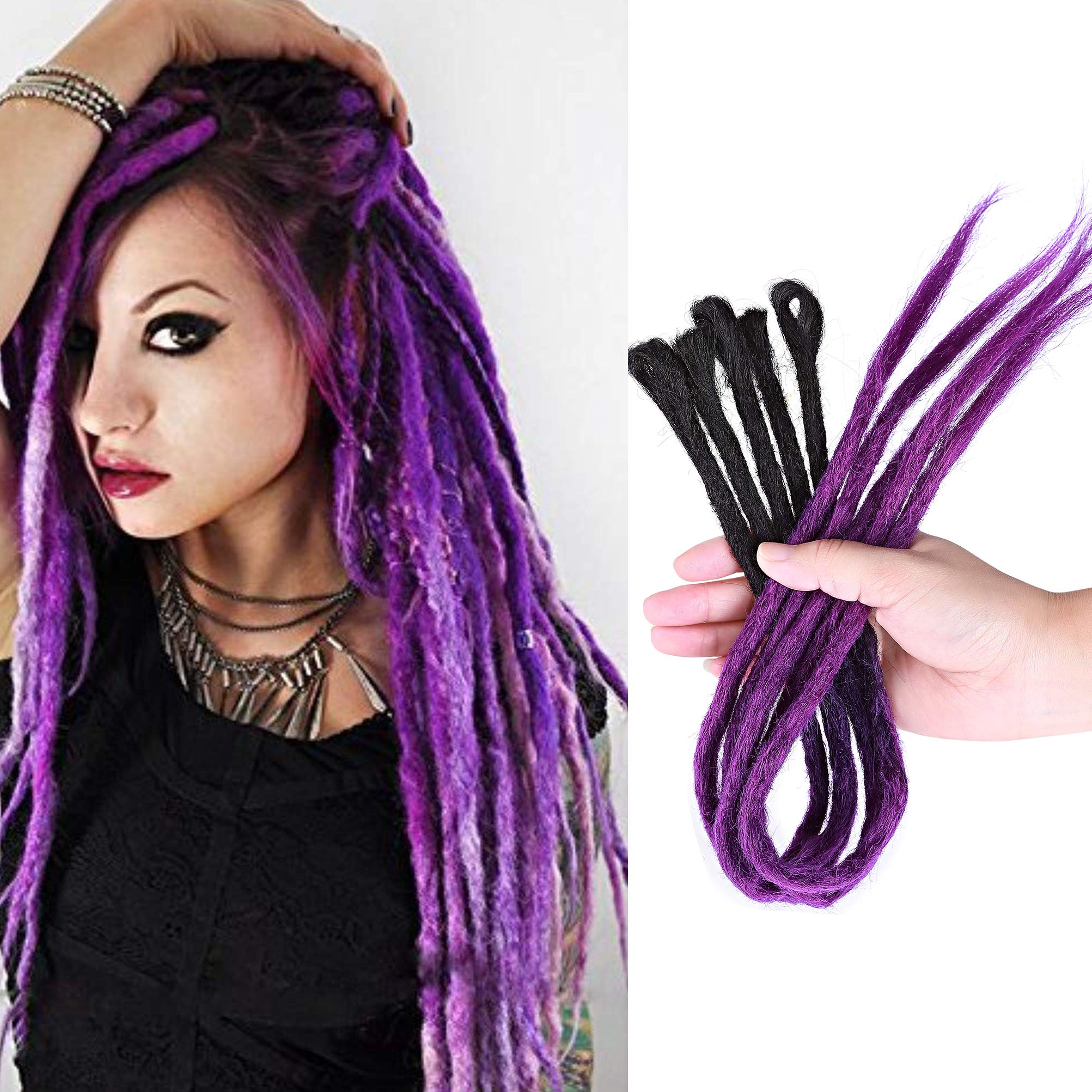 24 Inch Ombre Dreadlock Extensions for Women Men Bicolor Synthetic Handmade Dread Extension Long Single Ended Hippie Style Reggae Hair Twist Braiding Hairpiece Box Braid 5pcs - Black to Dark Purple