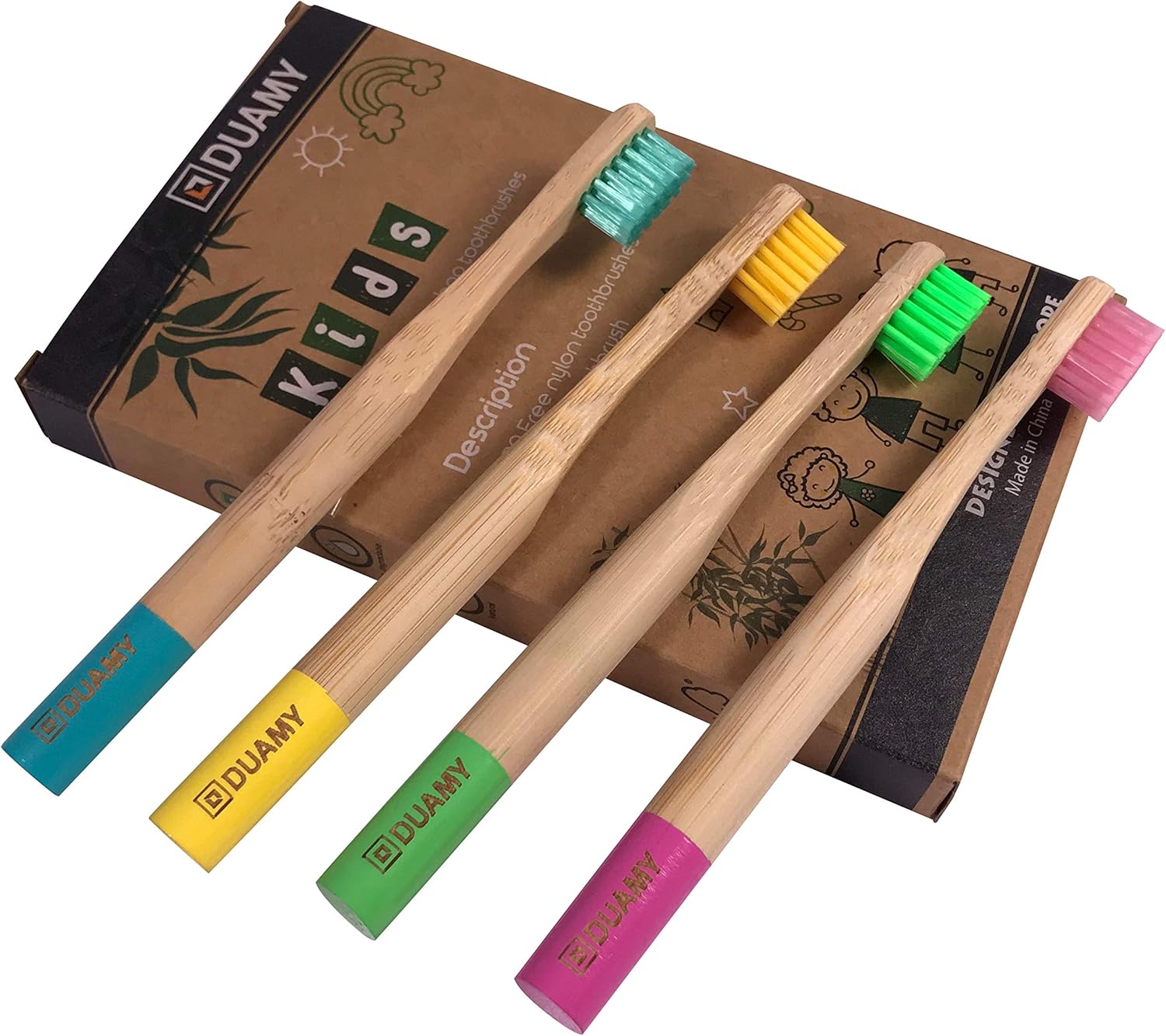 Cepillos de dientes de Bambú Niños, 100% Orgánicos, infantiles, Biodegradables, Naturales y con cerdas de carbón suaves. Cepillos de bambu para niños. 4 Cepillos de dientes infantiles multicolor.