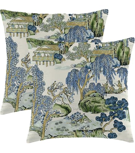 Pagoda Garden Imperial Green Chinoiserie - Funda De Almohada Floral De Pavo Real Asiático, Funda De Almohada Cuadrada Clásica Para Sofá, Decoración De