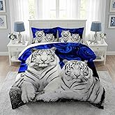WeCozy Queen Size Comforter Set with 2 Pillowcases, White Tiger Animal Cat 3 Pcs Bedding for Kids and Adults, Blue Rose Flower Background Soft Comforter Set for Bedroom Bed Decor