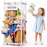 Edudif Stuffed Animal Storage Zoo, Wooden Stuffed Animal Organizer with Removable Wheels & 5-Row Elastic Cords, Space-Saving Plush Toy Storage Holder for Playroom, Bedroom, Nursery