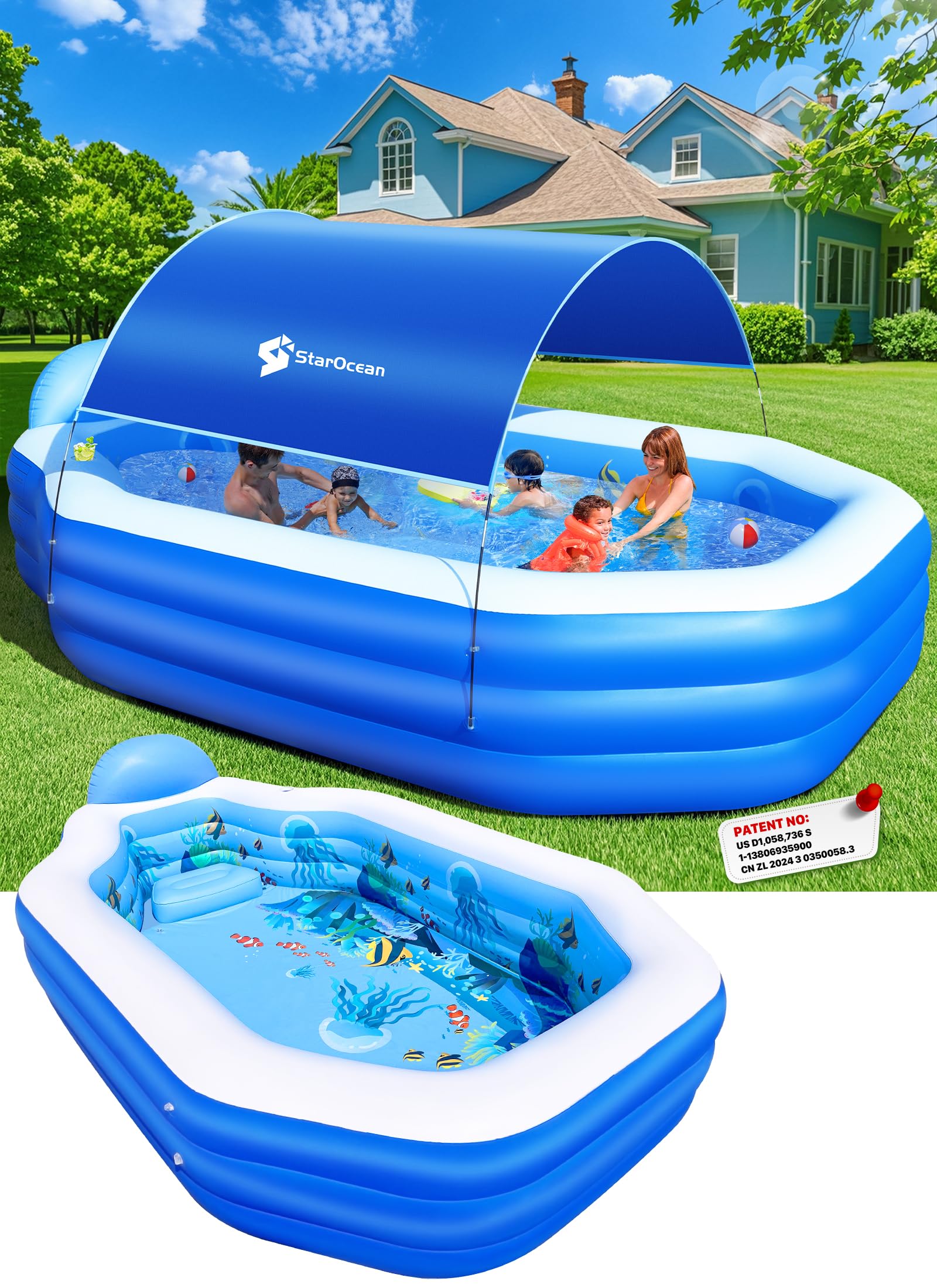 Inflatable Pool with Canopy, Large Inflatable Swimming Pool for Kids,Adult, Blow Up Pools with Seats,Backrest.Durable Thickened Inflatable Family Pools for Backyard,118"x75"x22"-Dark Blue