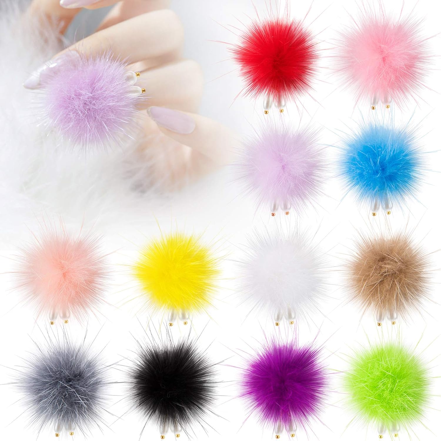 12pcs Detachable Nail Art Fluffy Pom Balls- Removable 3D Nail Plush Faux Fur Balls with Magnetic Base Elegant Pompon ball Nail Accessories with Pearl Pendants for Nail Design Manicure Tips… : Beauty