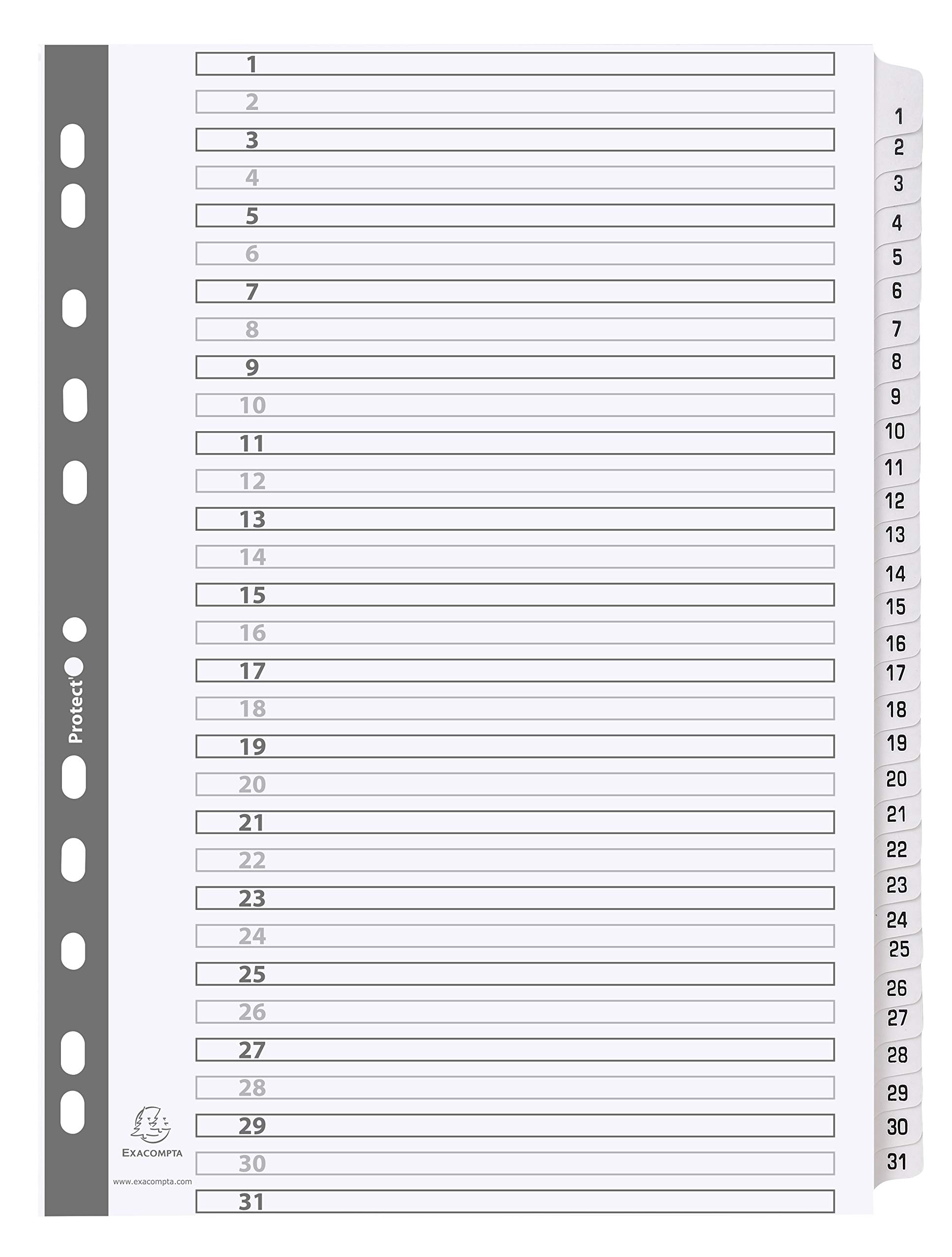 Exacompta - Ref MWD1-31Z - Mylar Printed Indices - For Use WithA4 Documents, Pre-Punched, 160gsm White Card with Reinforced Plastic Tabs, FSC-Certified - 31-Part Dividers (1-31)
