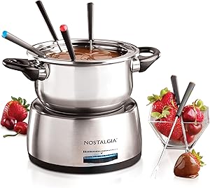 Nostalgia FPS200 6-Cup Stainless Steel Electric Fondue Pot with Temperature Control, 6 Color-Coded Forks and Removable Pot - Perfect for Chocolate, Caramel, Cheese, Sauces and More