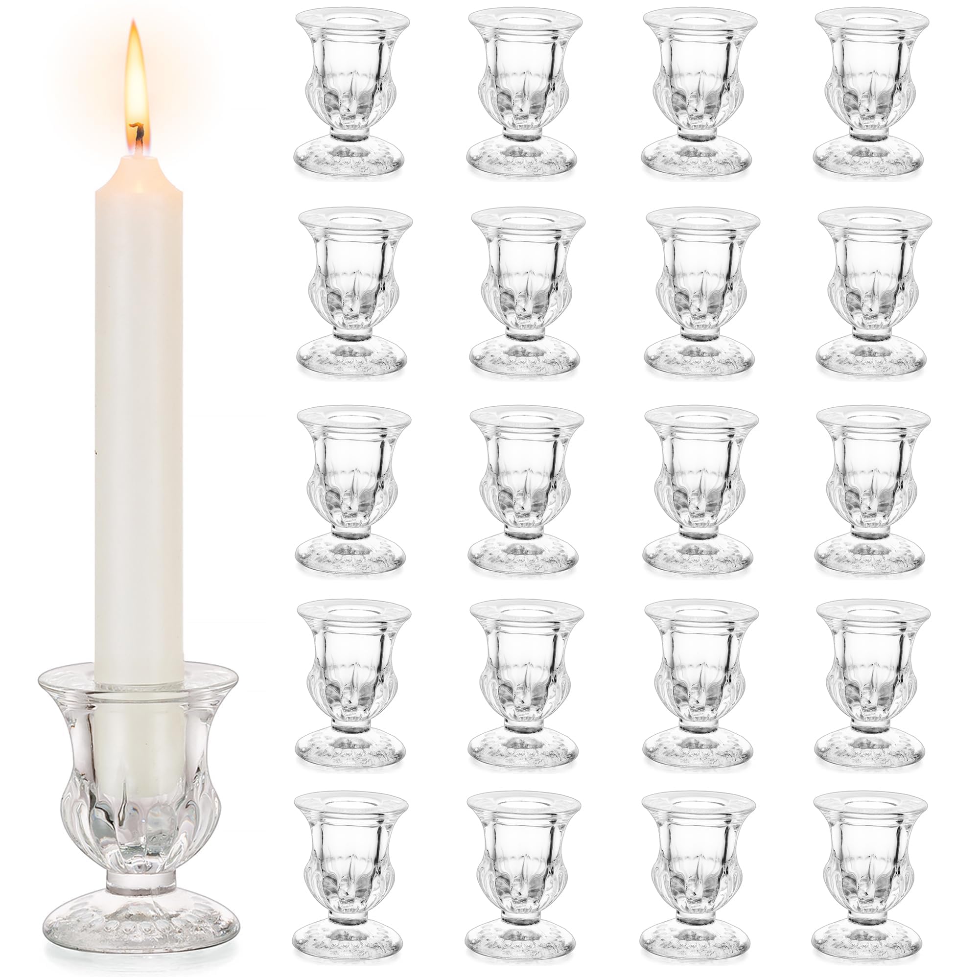 Inweder Glass Candlestick Holders Christmas: Set of 20 Clear Taper Candle Holder Bulk Small Candle Sticks for Wedding Anniversary Centrepiece Party Dinner Table Decorations