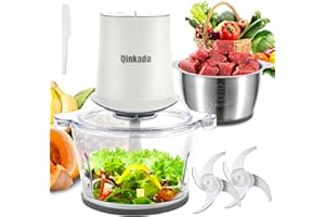 Qinkada Food Processors with 2 Bowls, 400W Meat Grinder, Food Chopper Electric, 2 Speed, 8Cup Glass and 8Cup 304 Stainless St