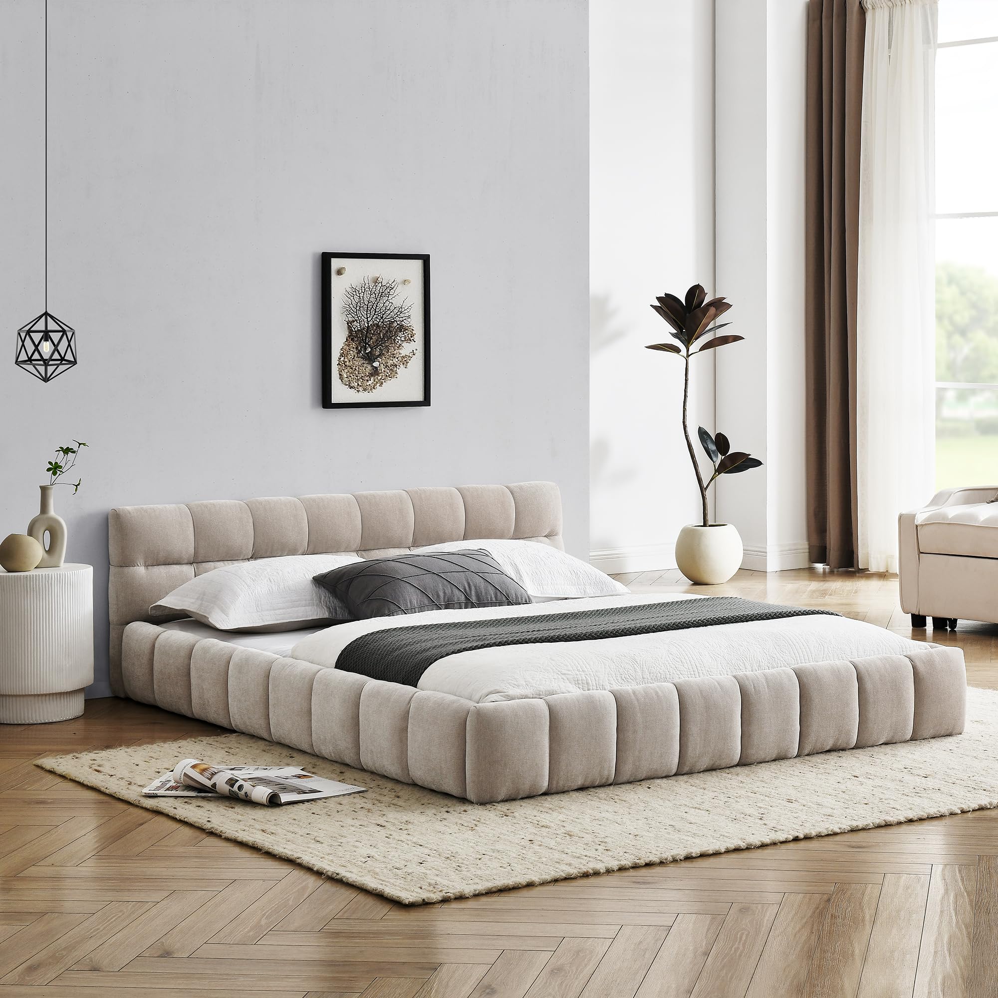 Photo 1 of **1 of 2 Boxes**
MaiDeHaoo Queen Size Upholstered Platform Bed Frame, Grounded Cloud Bed Frame with Soft Headboard, Modern Floor Chenille Fabric Bed with Wooden Slats Support, Beige