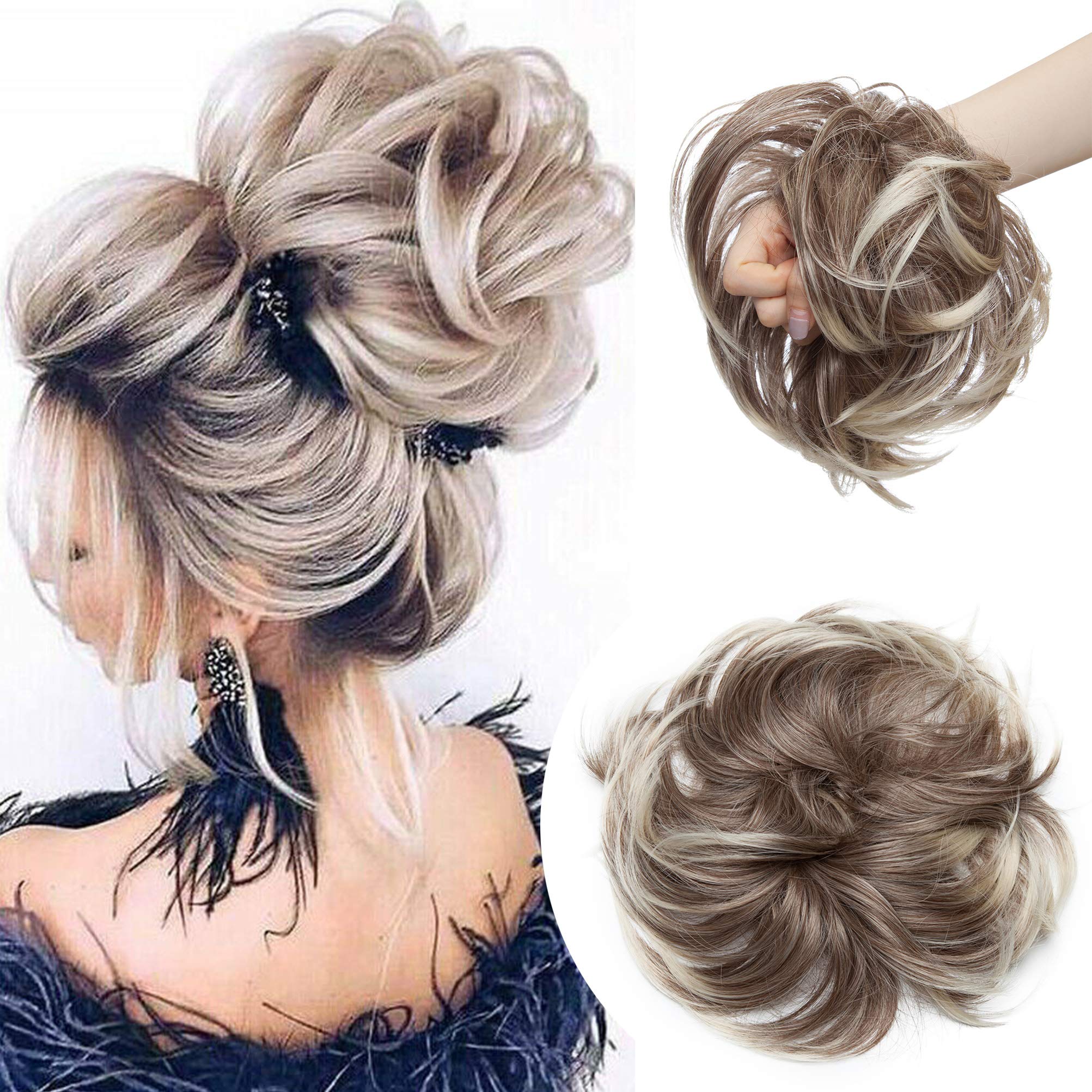 Large Messy Bun Scrunchie Hair Piece Elastic Updo Cover Hair Extension Instant Ponytail Curly 80g 1pc Tousled Synthetic Hairpiece Thick Hair Donut Brown to Bleach Blonde