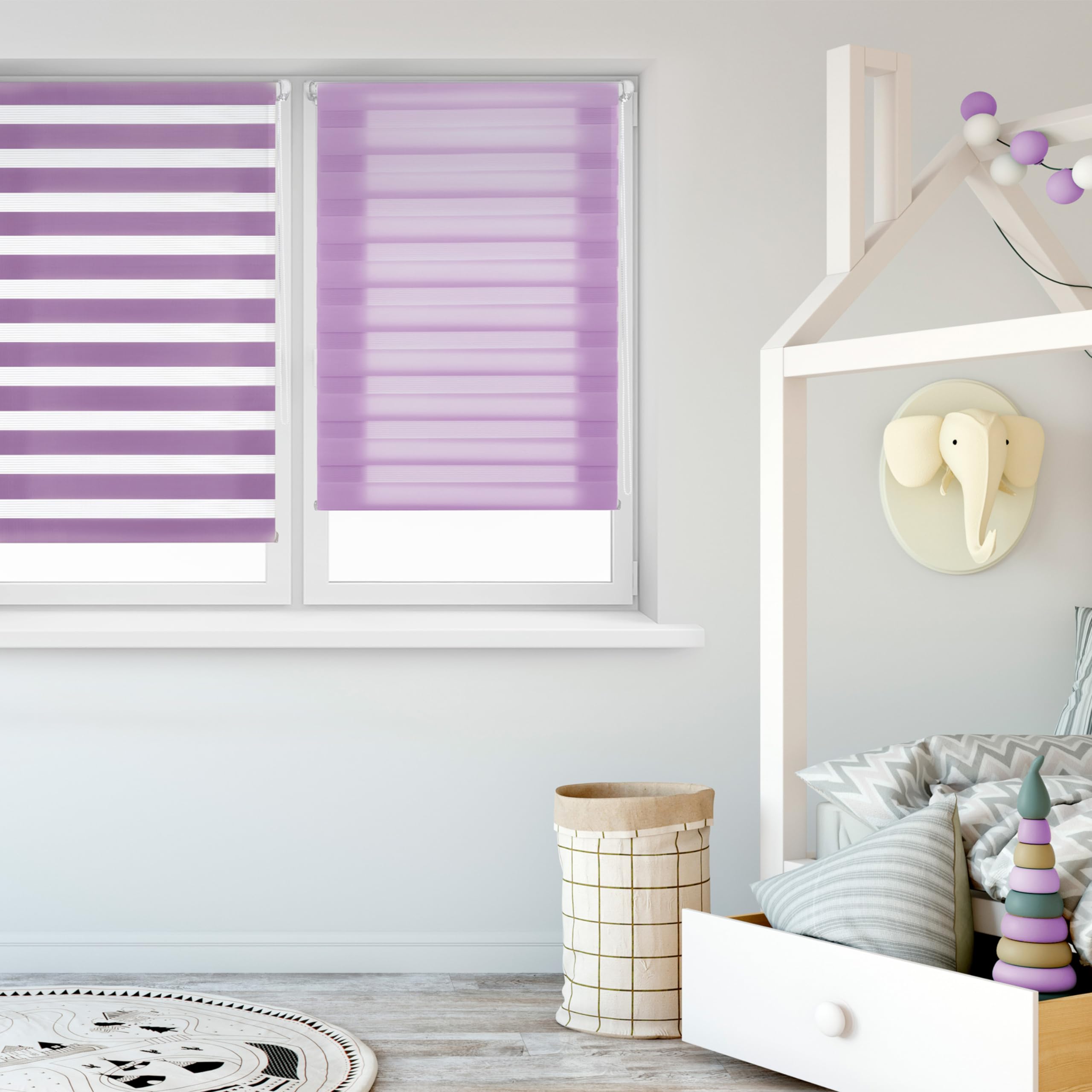Blindecor - Indus "NO TOOLS REQUIRED". Double layered roller blind, Night and Day. Purple. 97x180 cm (width x length)