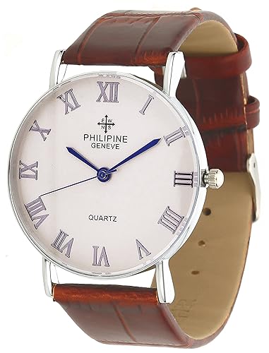 Dk Philipine Mens Analogue Off-White Round Dial Slim Case Brown Leather Strap Wrist Watch - Phi001215