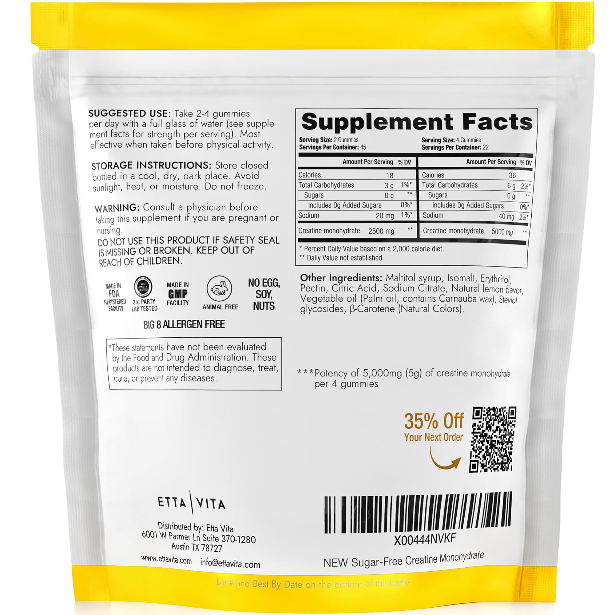 Sugar-Free Creatine Monohydrate Gummies 5gram per Serving, Potent Creatine Gummies for Men & Women, Supplement for Muscle Support, Cellular Energy & Cognitive Function, Gluten-Free