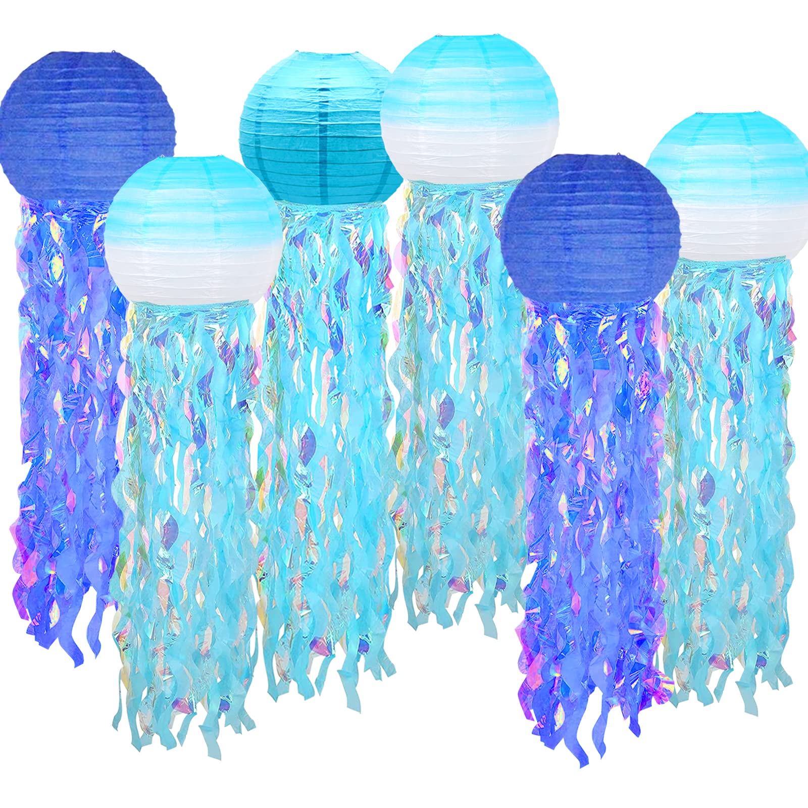 Photo 1 of 6 Packs Jellyfish Paper Lanterns Hanging Mermaid Wishes Lantern Gradient Blue Sky Blue Ocean Theme Party Supplies Great for Kids Birthday Decors, Baby Shower Baby Room