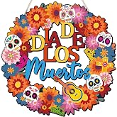 COCHIE Día De Los Muertos Sugar Skulls Door Decorations Welcome Sign | Mexican Day of the Dead Decorations, Marigold Skull Wood Wreath for Front Door Porch Window Wall Hanging Decor