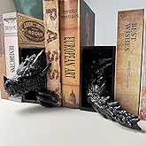 Dragon Bookends for Shelves, Gothic Fantasy Bookshelf Decor, Black Resin Dragon Statues Book Holder Set, Unique Book Lovers Gift for Home Office Library Decoration