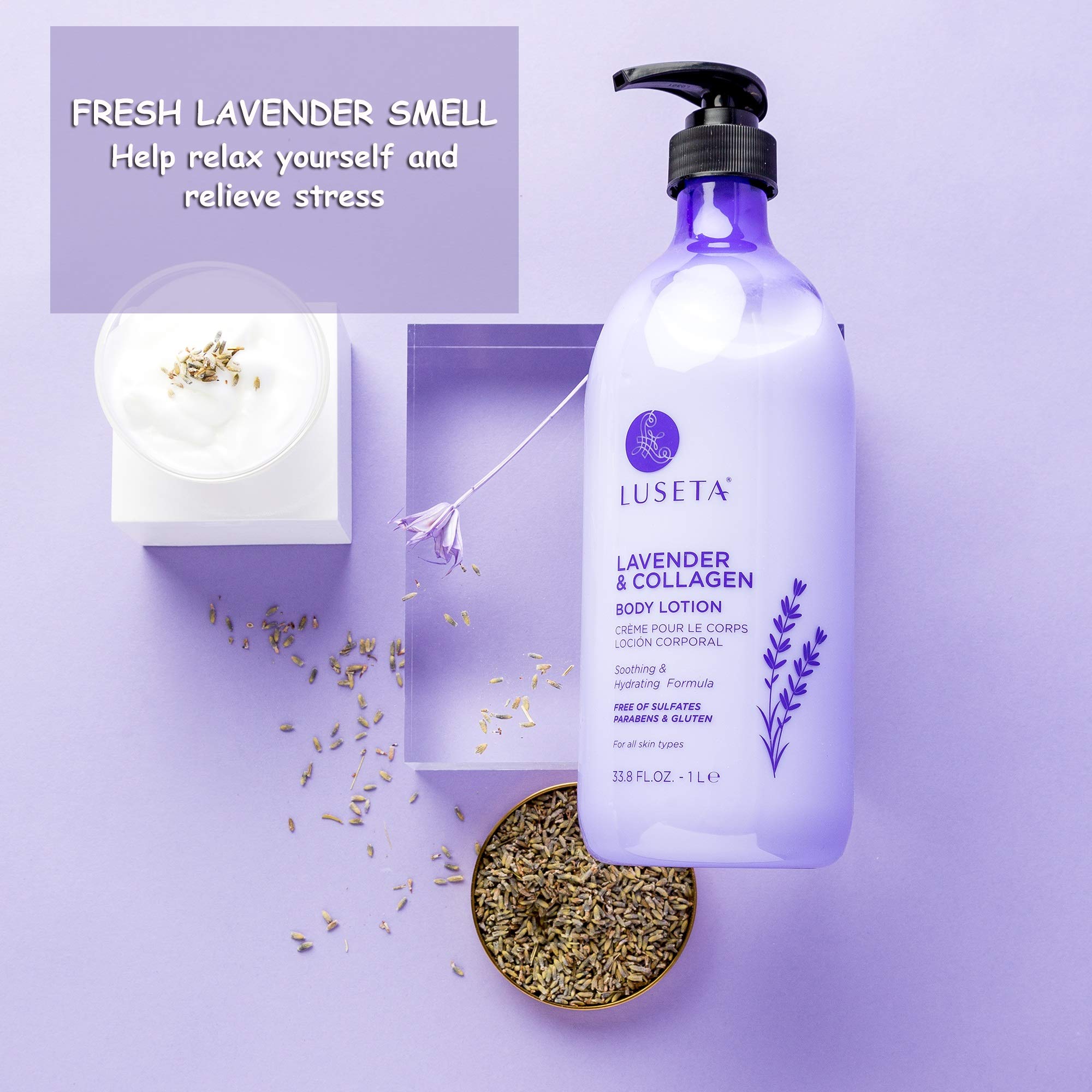 Luseta Lavender Scented Body Lotion with Collagen for Women 33.8oz, Moisturizing Body Lotion with Collagen, Sulfate & Paraben Free
