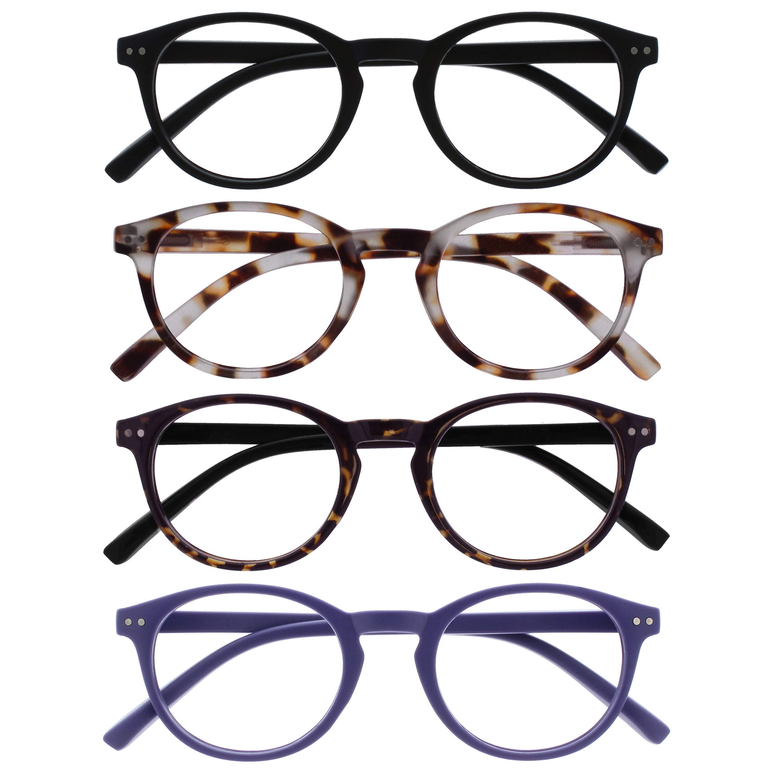 OPULIZE Zen Reading Glasses 4 Pack Cool Round Frame Spring Hinges Scratch Resistant Matt Black Light Brown Dark Brown Purple Mens Womens RRRR24-11T25 +2.00