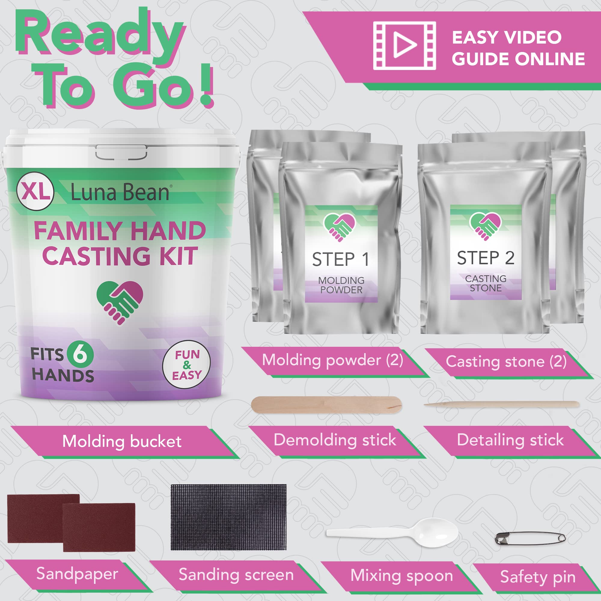 Luna Bean XL Family Hand Casting Kit – Extra Large Hand Mold Kit for Families, Casts Up to 6 Hands – Unique Family Gifts Ideas, Parents, Grandparents & Keepsake Memorial