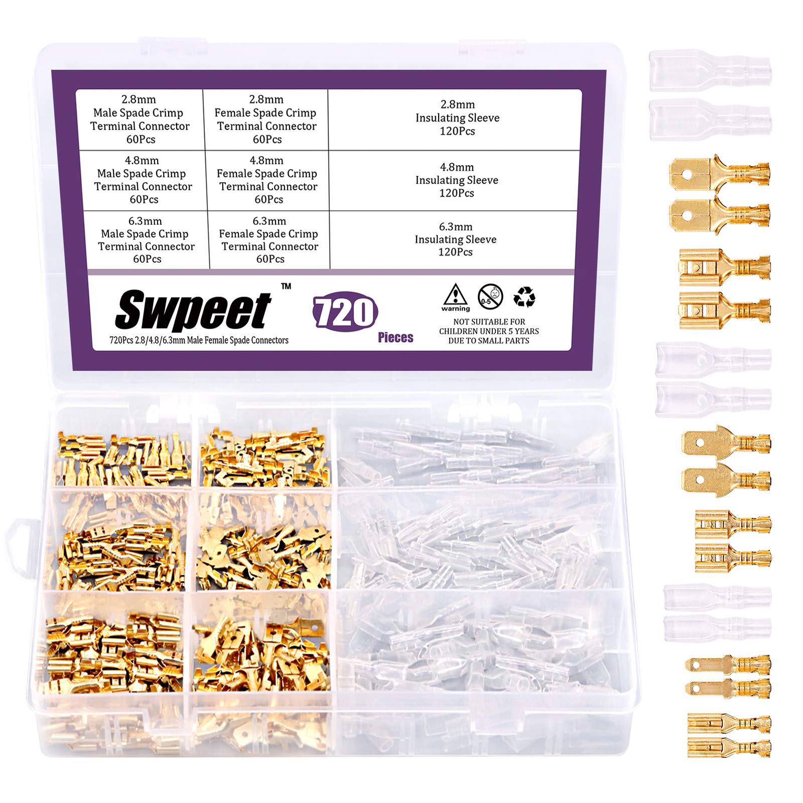 Swpeet 720Pcs Gold 2.8/4.8/6.3mm Male and Female Spade Quick Connectors Wire Crimp Terminal Block with Insulating Sleeve Assortment Kit Perfect for Electrical Wiring Car Audio Speaker