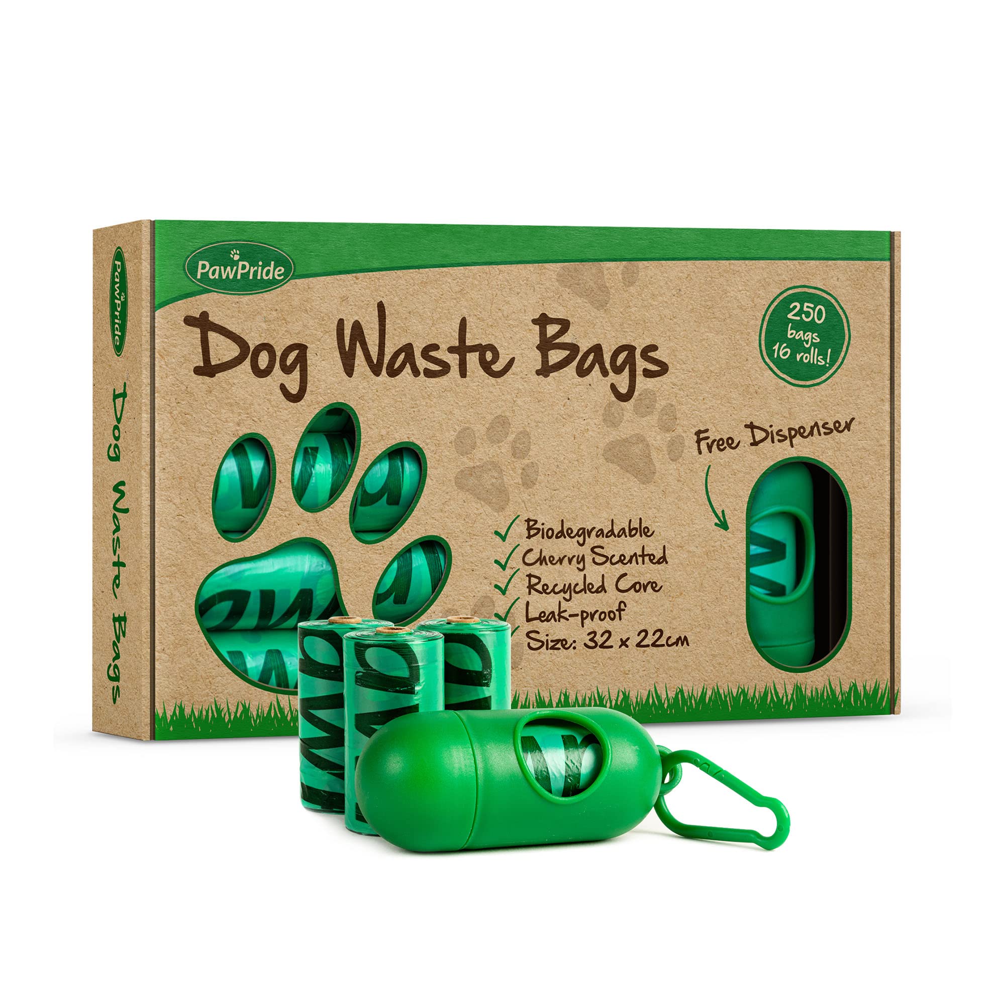 PawPride Dog Poo Bags - Pack of 240 Strong Biodegradable Waste Bags - 16 Rolls of Leak Proof Scented Dog Waste Bags with Clip-on Lead Dispenser (Cherry)
