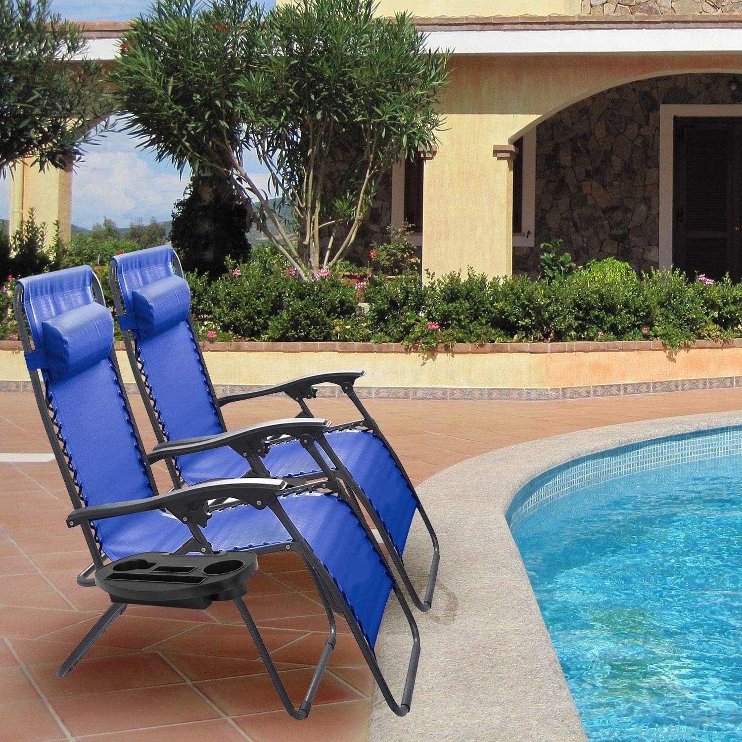 iMounTEK Set of 2 Adjustable Zero-Gravity Reclining Outdoor Lounge Chairs with Pillows & Cup Holder Side Tray, Supports 330lbs, for Patio, Porch, Deck, Poolside, Beach, Lawn, Yard (Black, Blue, Tan): Kitchen & Dining