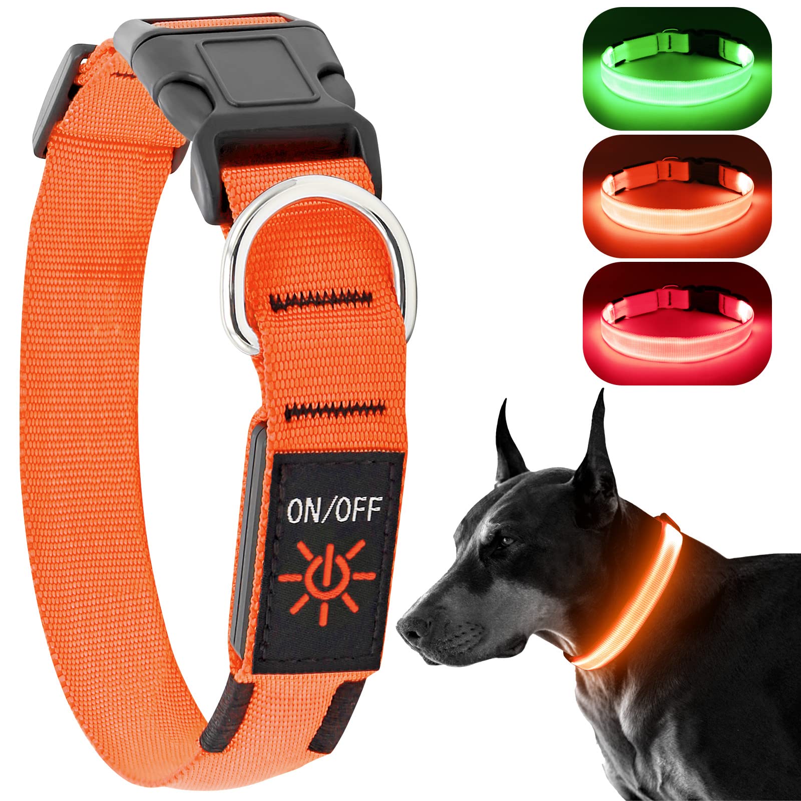 KOSKILL Light Up Dog Collar, Rechargeable USB Collar, Waterproof, Luminous LED Collar, Adjustable, Super Bright, Night Walking for Small Medium Large Dogs, Orange, L