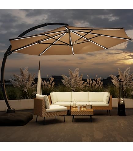 PURPLE LEAF 11ft Patio Umbrella with Lights Outdoor Round Cantilever Solar Powered LED Umbrella with 360-degree Rotation for Garden Deck Pool Patio, Navy Blue : Patio, Lawn & Garden