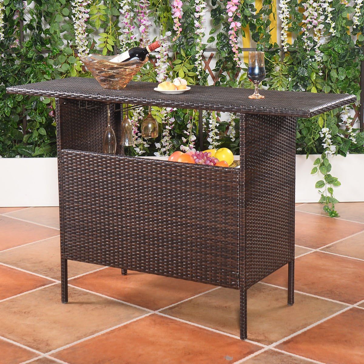 Giantex Outdoor Patio Rattan Wicker Bar Counter Table with 2 Steel Shelves, 2 Sets of Rails Garden Patio Furniture, 55.1"X18.5"X36.2"(LXWXH), Brown: Kitchen & Dining