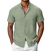 Ficerd Men's Linen Shirts, Short Sleeve Casual Beach Shirts Button Down Band Collar Comfortable Summer Tees M-6XL