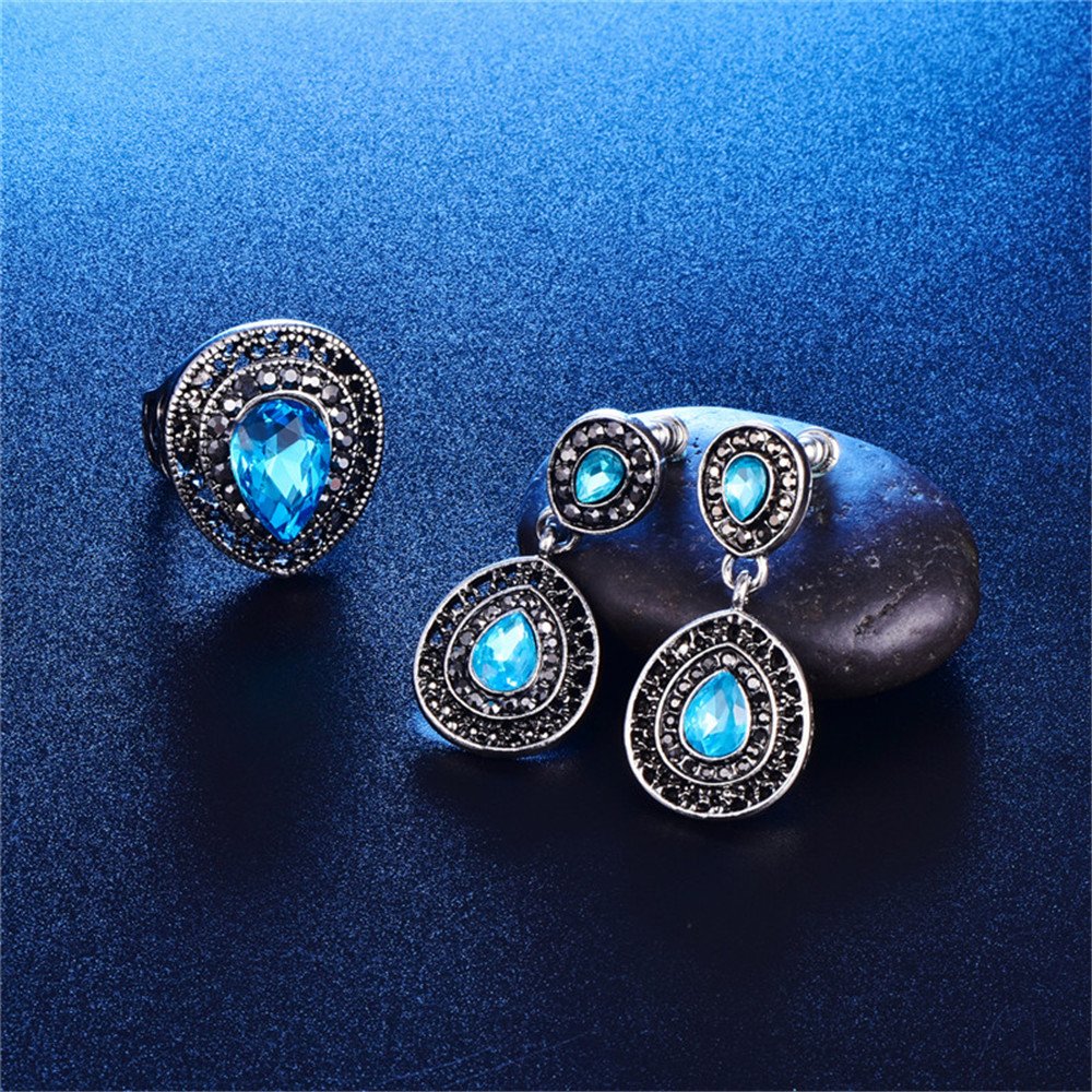 LUYUAN JEWELRY Women Crystal Pendant Silver Plated Chain Necklace Drop Earring Ring 3 PCS Jewelry Set 2 Colors - Blue+Ring#7