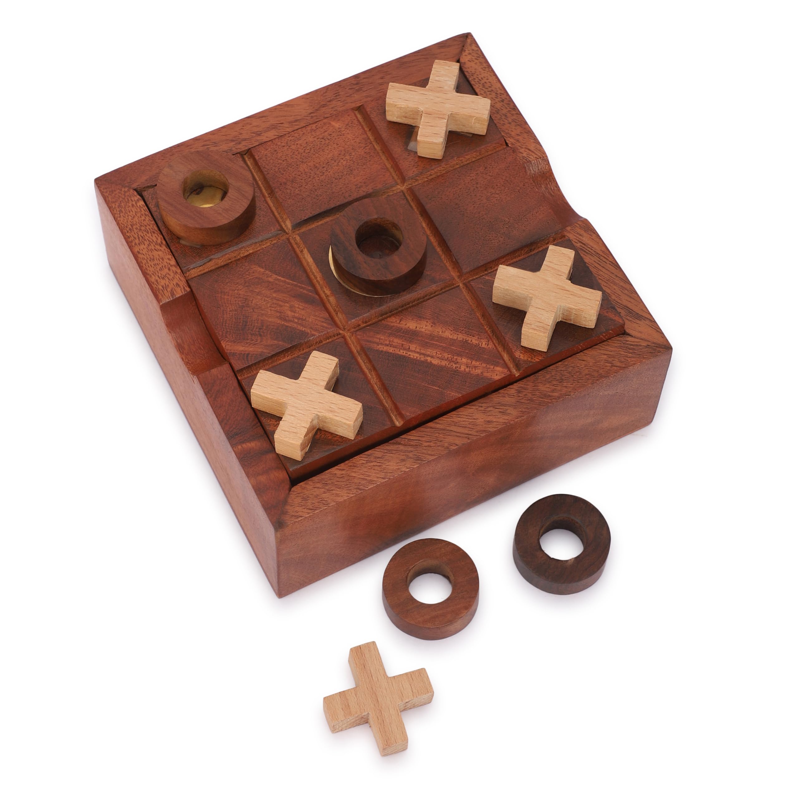Ajuny Wooden Tic Tac Toe and Solitaire Board Games 2 in 1 Set with Steel Marbles and Wood Zero Cross for Kids and Adults Coffee Table Living Room Decor Fun Family Night Game 4.5 Inch