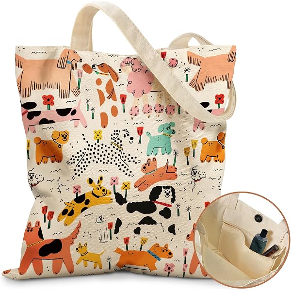 Boho Tote Bag For Women - Abstract Sun & Wave Design Canvas Shopping Bag (White) - View #12