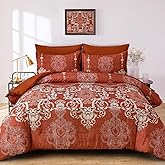 Mybedsoul 7 Pieces Terracotta Comforter Set King Size, Damask Bed in a Bag for King Bed, Lightweight Microfiber Boho Bedding Sets with Comforter, Sheet, Pillowcases & Shams for All Season (90"x104")