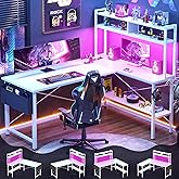 Aheaplus L Shaped Desk Gaming Desk, 59" L Shaped Computer Desk with LED Light & Power Outlet, Reversible Home Office Desk Gamer Desks with Shelves & Storage Bag & Hooks, Corner PC Desk, White