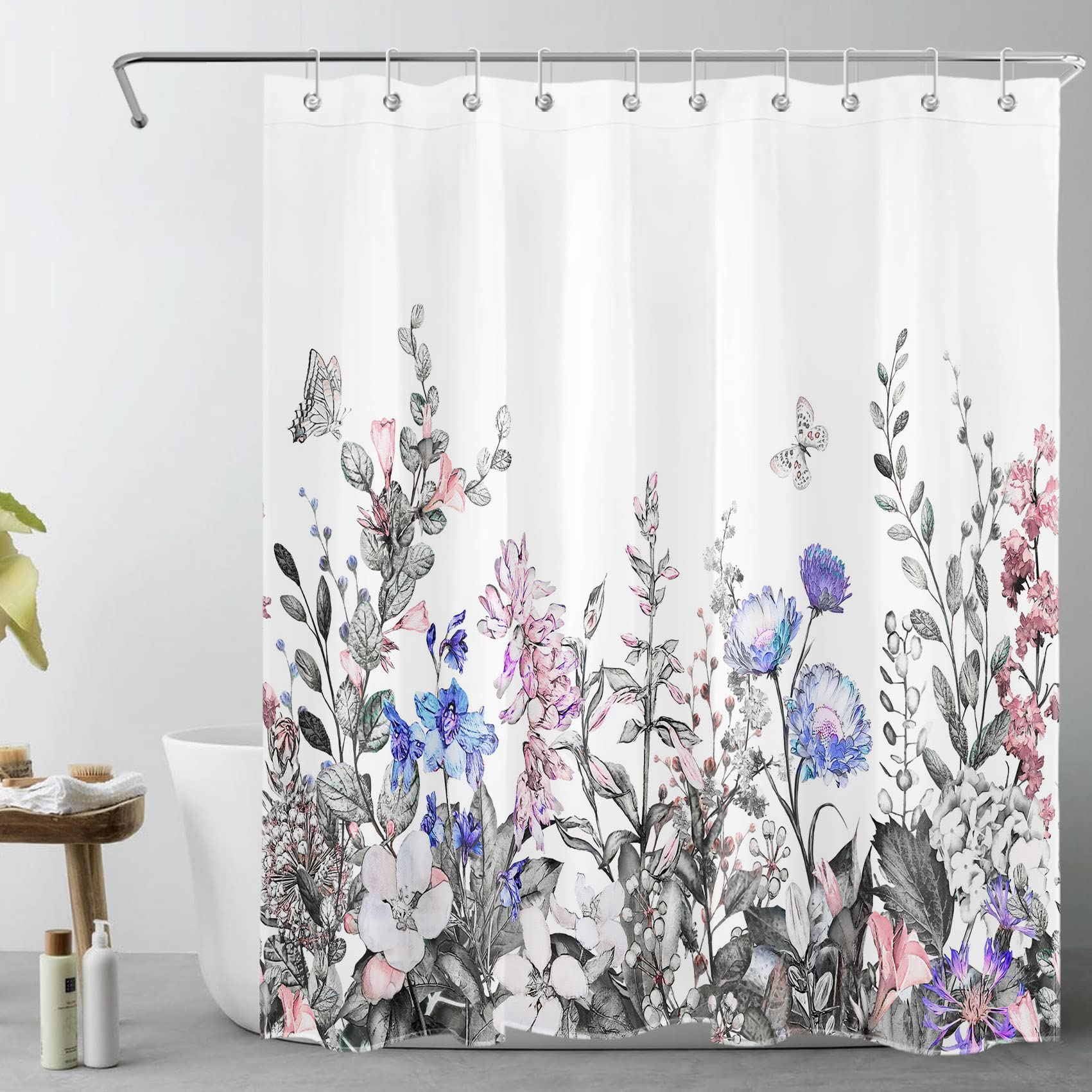 LB Pink and Purple Flower Shower Curtain Dark Grey Plants with Butterfly Shower Curtains for Bathroom Nature Floral White Polyester Anti Mould Waterproof Small Bath Curtain Set with Hooks,59x71 inches — image 1
