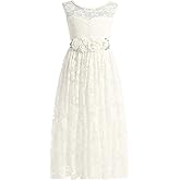 Weileenice Big/Little Girls Lace Bridesmaid Dress with Belt Sheer Back Bohemian Kids Wedding Pageant Party Maxi Dresses