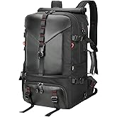 SWICKY Black Travel Backpack, Carry-On Flight-Approved Luggage Hand, Lightweight Durable Water-Resistant Business Rucksack with Shoe Compartment, Large 50L Weekender Fits 17.3-Inch Laptop