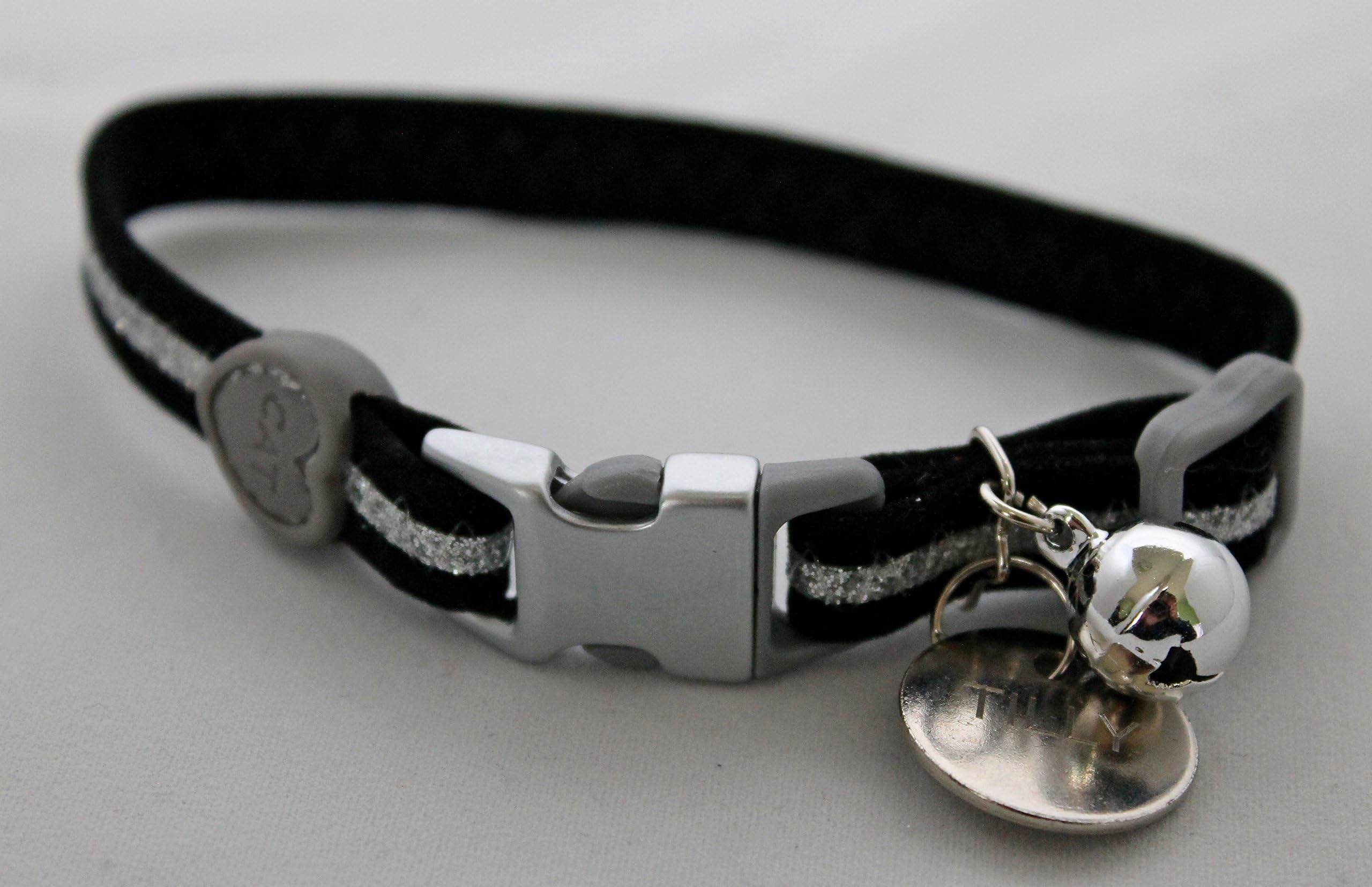 Whisker City (SALE) GLITTERY KITTEN COLLAR WITH BELL & 20MM DOUBLE SIDED NICKEL PLATED ENGRAVED ID TAG (BLACK & 20MM ID TAG)